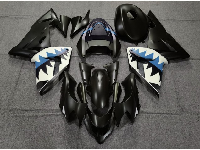 2004-2005 Matte Black and Light Blue Shark Kawasaki ZX10R Fairings 2004-2005 Matte Black and Light Blue Shark Kawasaki ZX10R Fairings