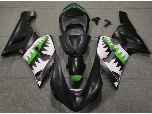 2005-2006 Matte Black and Green Shark Kawasaki ZX6R Fairings 2005-2006 Matte Black and Green Shark Kawasaki ZX6R Fairings
